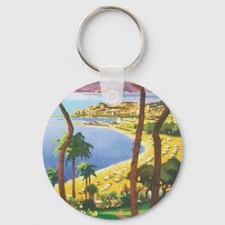 Vintage Travel Cannes Beach Scene Keychain