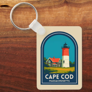 Vintage Travel Cape Cod Nauset Lighthouse Retro Keychain