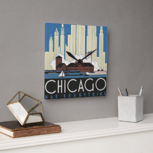 Vintage Travel Chicago Has Everything City Skyline Square Wall Clock
