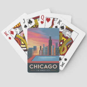 Vintage Travel Chicago Sunset Skyline Cityscape Poker Cards