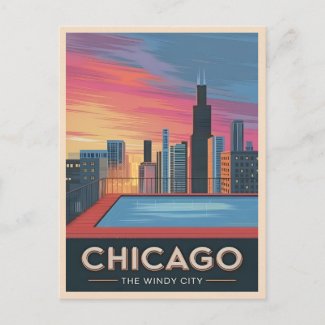 Vintage Travel Chicago Sunset Skyline Cityscape