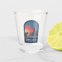 Vintage Travel Chicago Sunset Skyline Cityscape