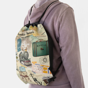 Vintage Travel Collage Drawstring Backpack