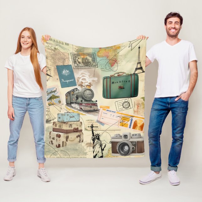 Vintage Travel Collage Fleece Blanket (In Situ)
