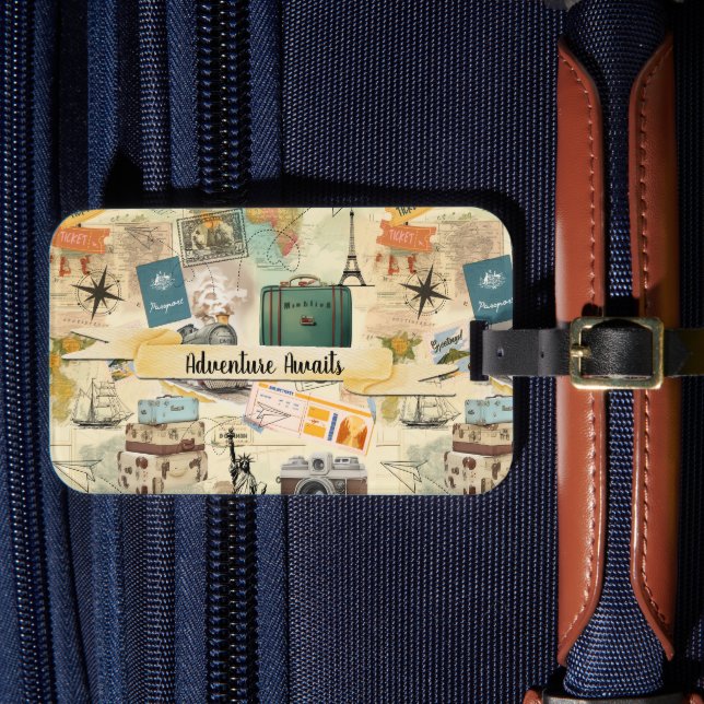 Vintage Travel Collage Luggage Tag (Front Insitu 4)