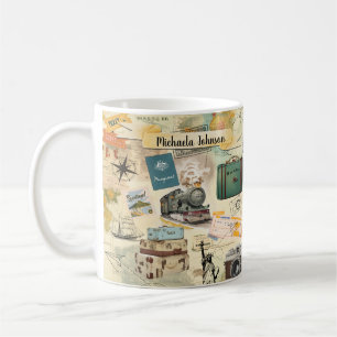 Vintage Travel Collage Name & Quote Coffee Mug