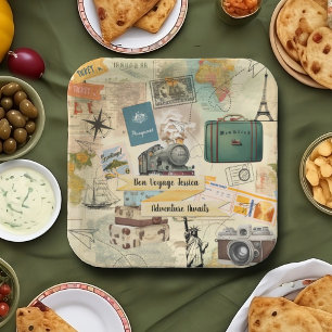 Vintage Travel Collage Paper Plates