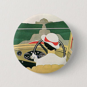 Vintage Travel, Convertible Car in the Country Button