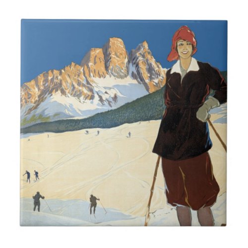 Vintage Travel Cortina dAmpezzo Italy Ski Alps Ceramic Tile
