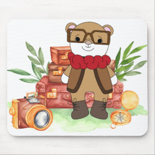 Vintage Travel Cute Bear Cartoon Adventure Mouse Pad