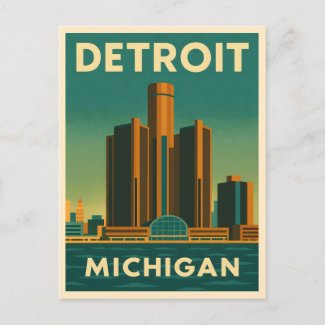 Vintage Travel Detroit Michigan Cityscape Retro