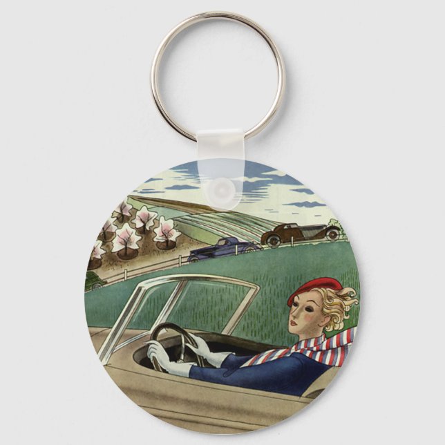 Vintage Travel, Elegant Woman in Convertible Car Keychain (Front)