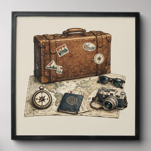 Vintage Travel Essentials Illustration Peel And Stick Photo Tile
