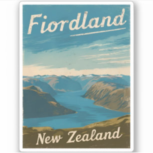 Vintage Travel Fiordland New Zealand Retro Scenic Sticker