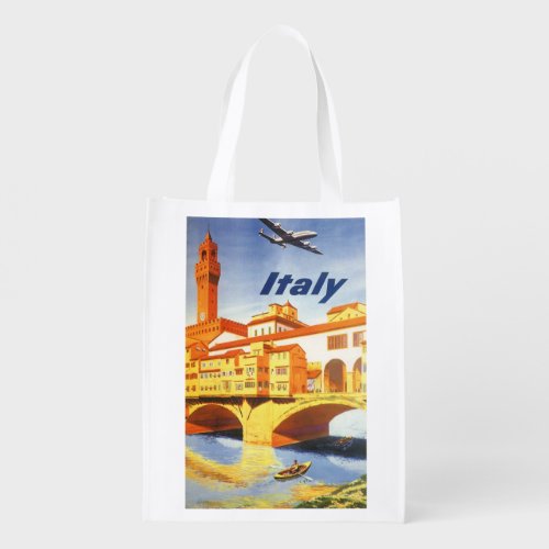Vintage Travel Florence Firenze Italy Bridge River Reusable Grocery Bag