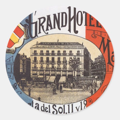 Vintage Travel Grand Hotel Paix Madrid Spain Classic Round Sticker