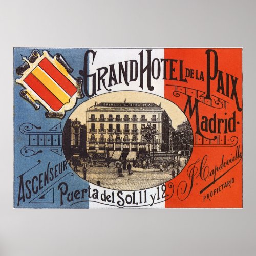 Vintage Travel Grand Hotel Paix Madrid Spain Poster