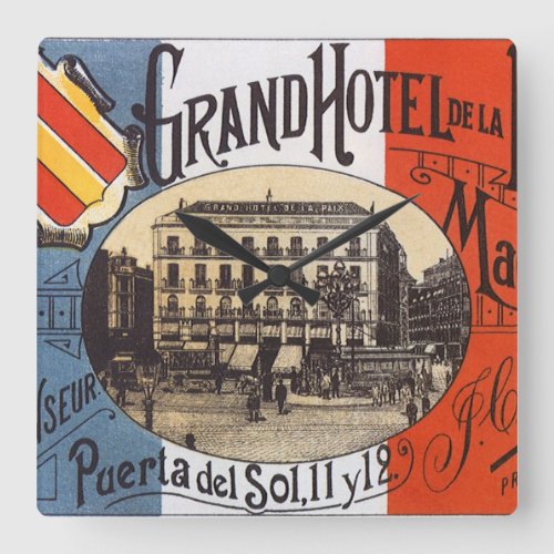 Vintage Travel Grand Hotel Paix Madrid Spain Square Wall Clock