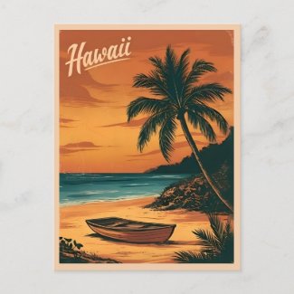 Vintage Travel Hawaii Beach Sunset Retro Scenic