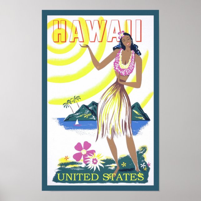 Vintage Travel Hawaii Hawaiian Lady Poster (Front)