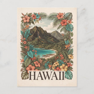 Vintage Travel Illustration of Hawaii with Flowers Holiday Postcard