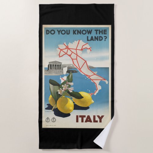 Vintage Travel Italy Map with Lemons Beach Towel