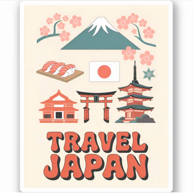 Vintage Travel Japan Iconic National Symbols Retro Sticker | Zazzle