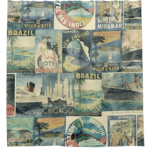 Vintage Travel Label Collage Shower Curtain