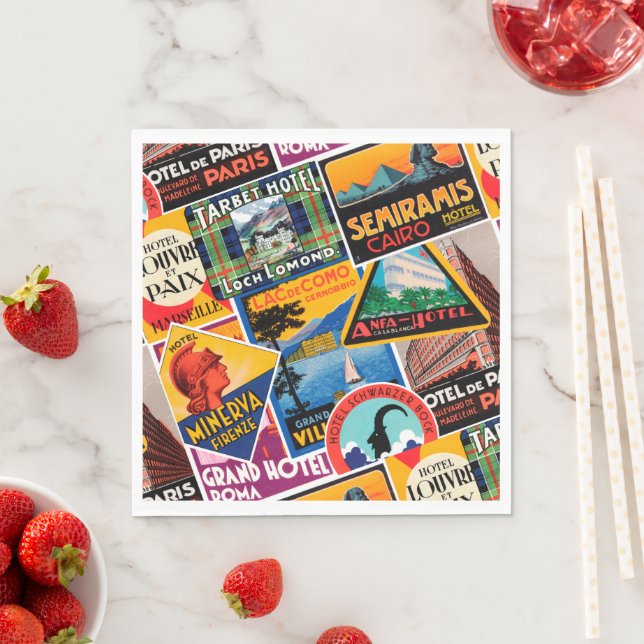 Vintage Travel Labels Napkins (Insitu)