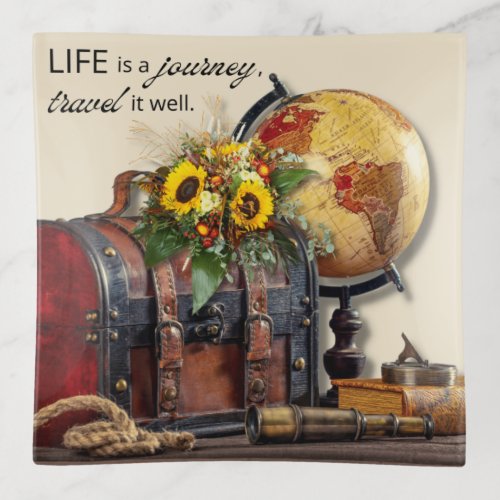 Vintage Travel  Life is a journey Glass Trinket Tray