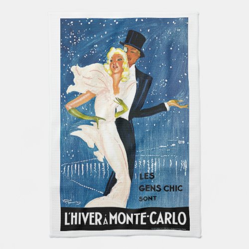 Vintage Travel Love Romance Winter in Monte Carlo Kitchen Towel