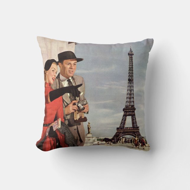 Vintage Travel - Lovers in Paris Throw Pillow (Front)