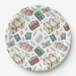 Vintage Travel Luggage Pattern (1) Paper Plates