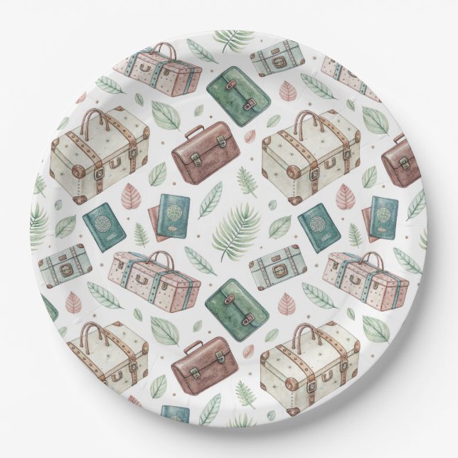 Vintage Travel Luggage Pattern (1) Paper Plates (Front)