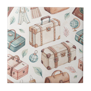Vintage Travel Luggage Pattern (2) Ceramic Tile
