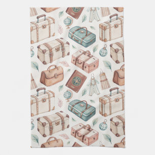 Vintage Travel Luggage Pattern (2) Kitchen Towel