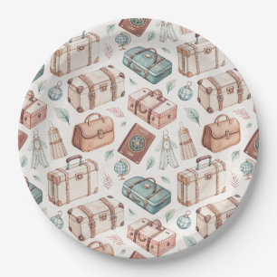 Vintage Travel Luggage Pattern (2) Paper Plates