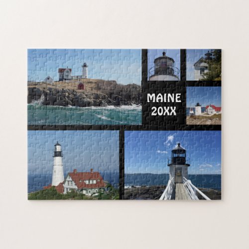 Vintage Travel Maine Lighthouses Collage Date Jigsaw Puzzle