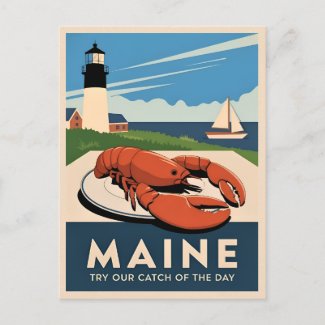 Vintage Travel Maine Lobster Seafood Retro Scenic