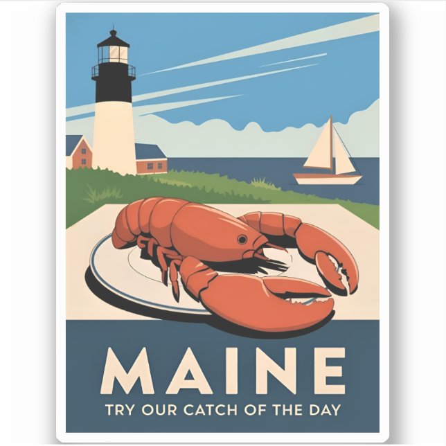 Vintage Travel Maine Lobster Seafood Retro Scenic Sticker (Front)