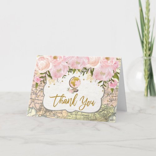 Vintage Travel Map Blush Floral Globe Baby Shower Thank You Card