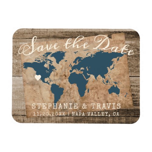 Vintage Travel Map on Wood Save the Date Magnet