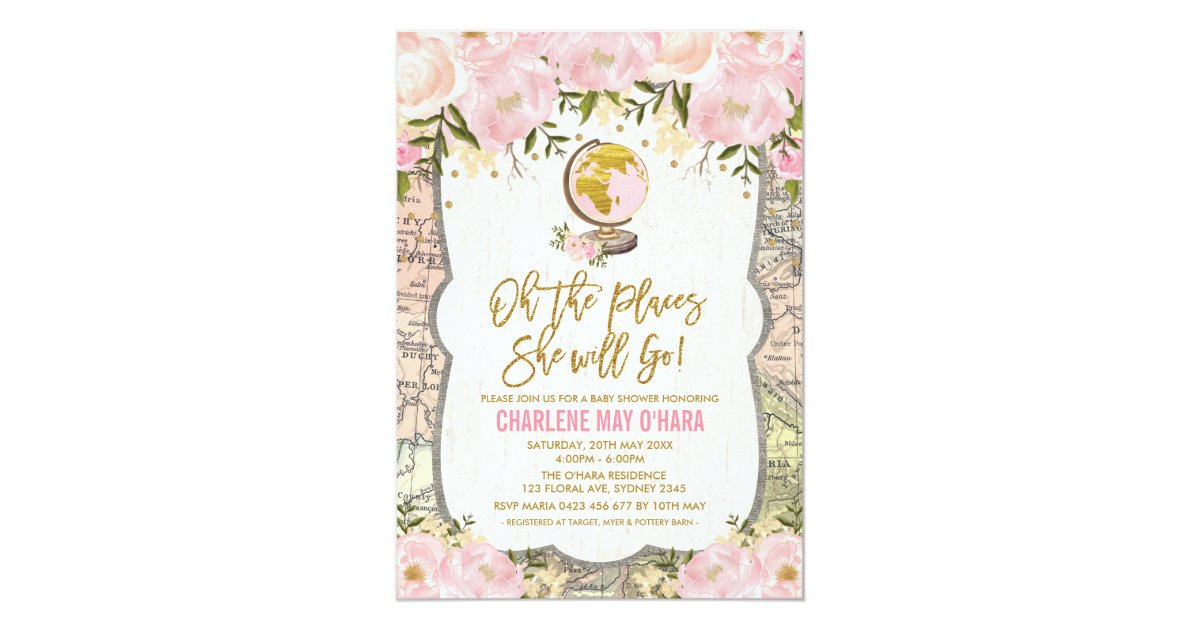 Vintage Travel Map Pink Gold Floral Baby Shower Invitation Zazzle