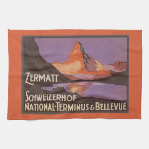 Vintage Travel, Matterhorn Mountain in Switzerland Kitchen Towel
