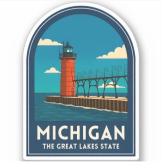 Vintage Travel Michigan Lighthouse Retro Scenic