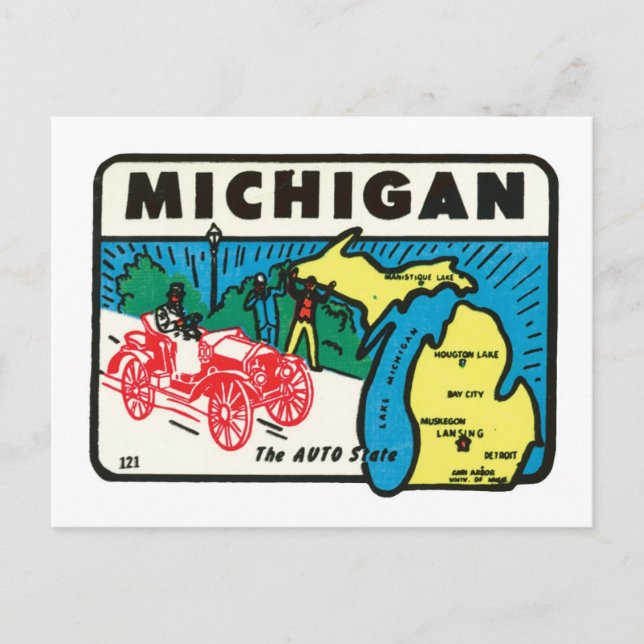 Vintage Travel Michigan MI Auto State Label Postcard (Front)