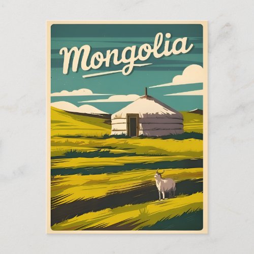 Vintage Travel Mongolia Yurt Retro Graphic Postcard