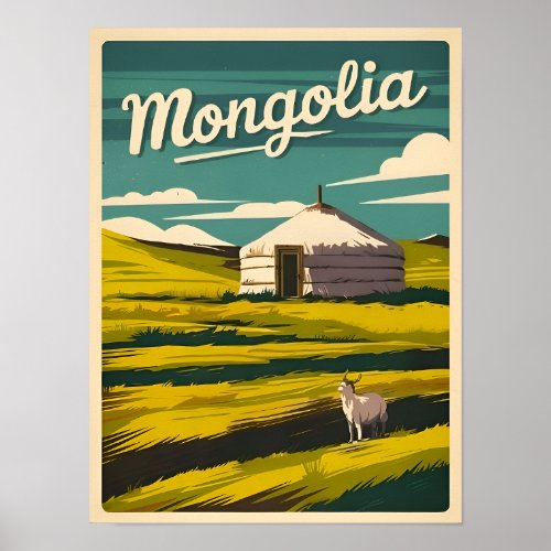Vintage Travel Mongolia Yurt Retro Graphic Poster