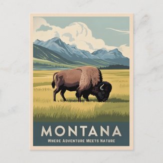 Vintage Travel Montana Bison Wildlife Retro Scenic
