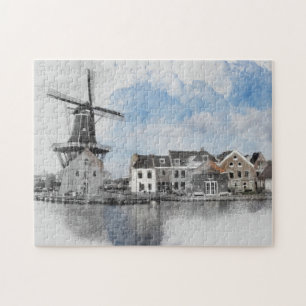 Vintage Travel Netherlands and mill Jigsaw Puzzle